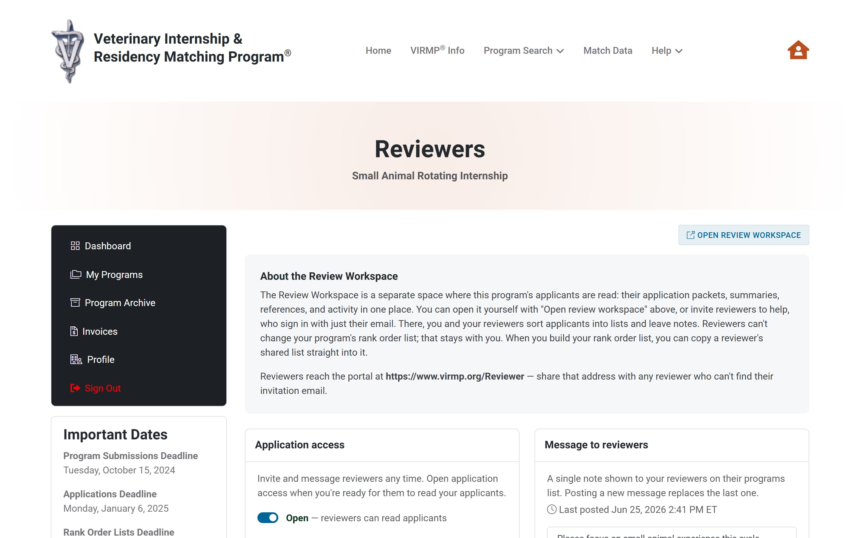The coordinator's Reviewers page, with an explanation of the Review Workspace, an application access card, a message-to-reviewers card, and a button to open the Review Workspace.