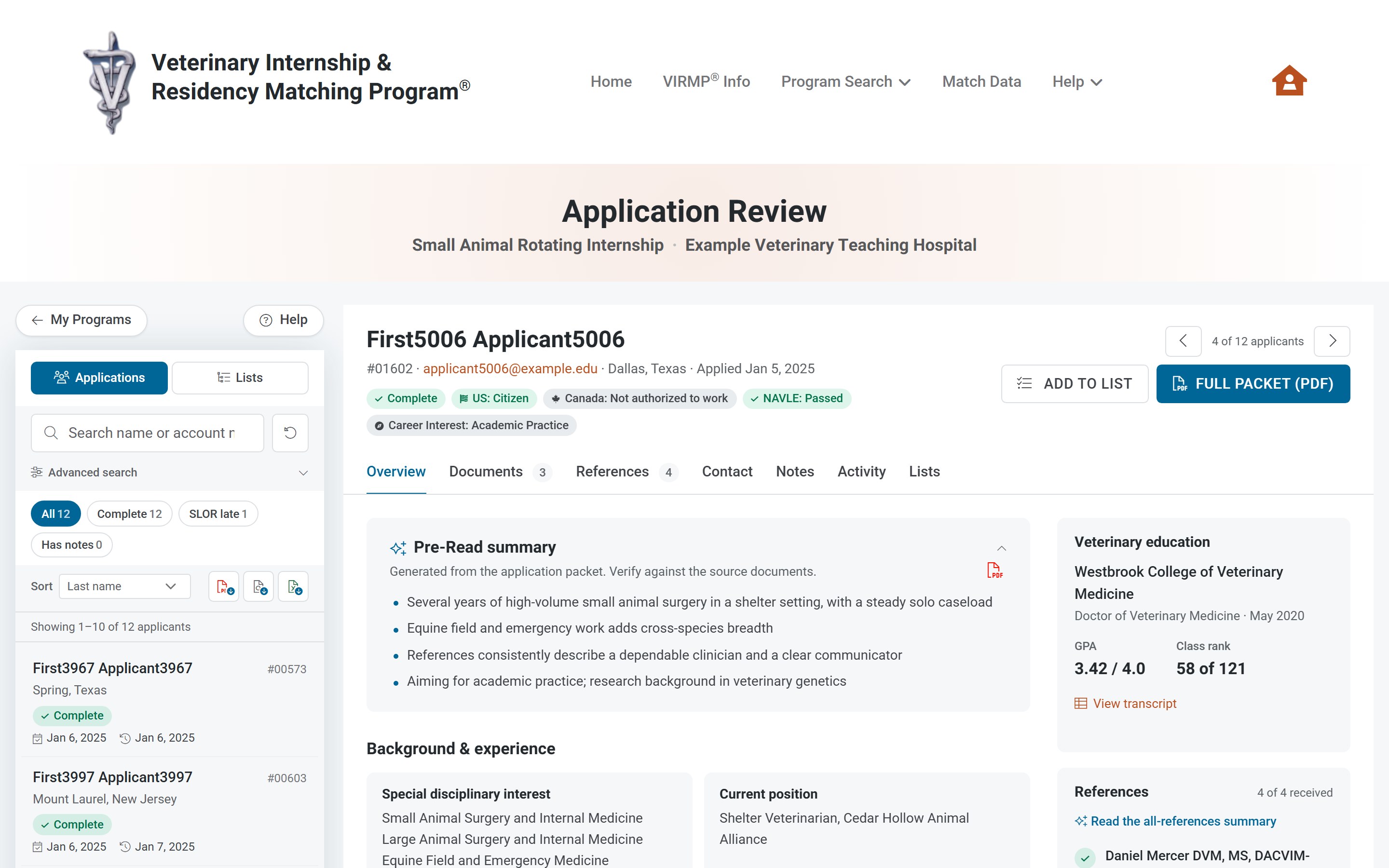 The Review Workspace showing an applicant's overview: status badges including NAVLE and career interest, a bulleted Pre-Read summary, background and experience, veterinary education, and references, with the applicant roster on the left.